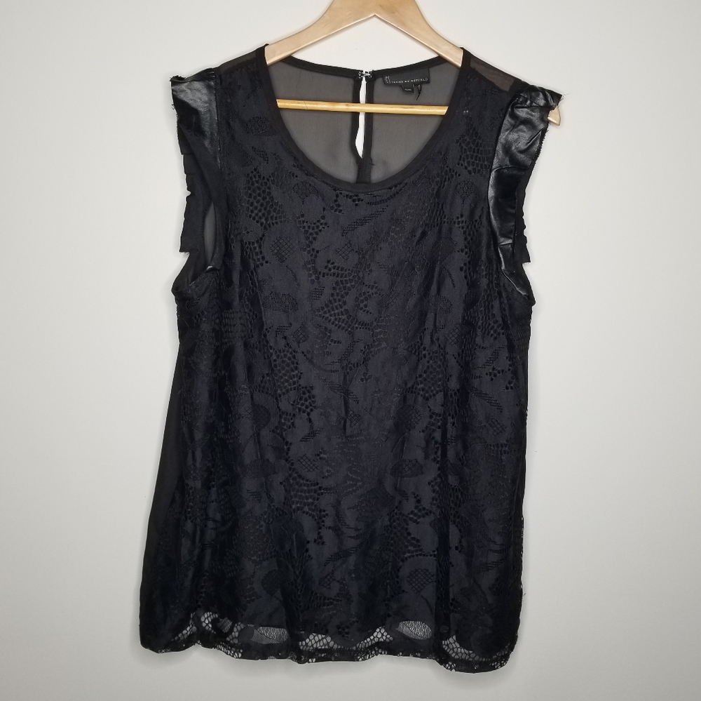 I Jeans by Buffalo Black Lace Top with Faux Leather Ruffle Sleeves